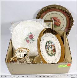 FLAT OF COLLECTIBLES INCL CROSS STITCH FLOWER