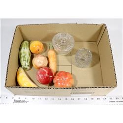 BOX WITH FRUIT SHAPED ORNAMENTS AND MORE