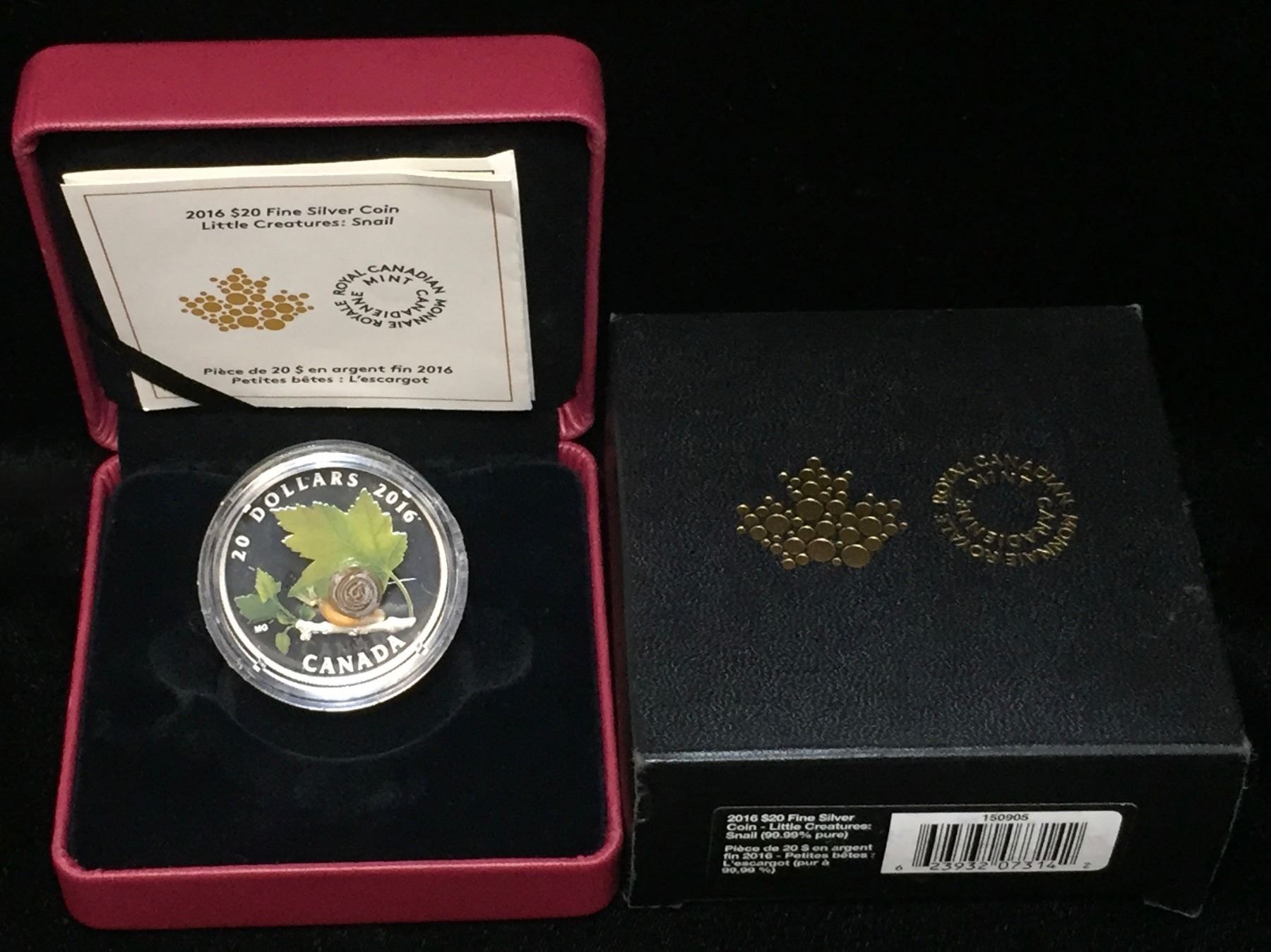 Canada 2016 $20 Little Creatures Snail Silver Coin ** Venetian Glass Snail **