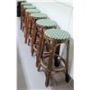 Image 1 : Qty 6 Round Wicker Bamboo Bar Stools w/ Green Upholstery Tops, 30" H