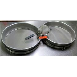 Qty 2 Large Metal Round Commercial Sifters Sieves & Smaller Strainer