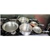 Image 1 : Qty 5 Misc Sizes Pots - 3  @ Frying Pan, Med Sauce Pot & Stew Pot w/ 2 Handles