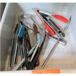 Plastic Bin w/ Multiple Misc Metal & Plastic Tongs