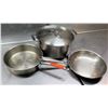 Image 1 : Qty 3 Misc Sizes Pots - 2 Frying Pans w/ Long Handles & Stock Stew Pot w/ Lid