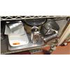 Image 2 : Large Metal Adjustable Kitchen Shelf Unit on Wheels w/ Misc Dishes