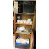 Image 1 : Wooden Shelf Cabinet w/ Dishes & Misc Kitchen Equipment