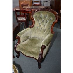 Antique button tufted parlour chair with carved rosewood frame