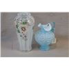 Image 1 : Two pieces of Fenton glass including drapery pattern pitcher and a hand-painted 10" Vaseline glass v