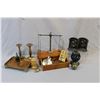 Image 1 : Selection of collectibles including gold scale with weights, a set of cast Rodan inspired bookends, 