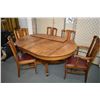 Image 1 : Antique Canadiana quarter cut oak center pedestal dining table with five triple slat back chairs inc