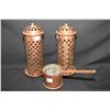 Image 1 : Pair of Arts and Crafts perforated copper candleholders and a English hallmarked copper dipper