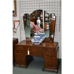 Antique English matched grain walnut vanity with triple swing mirror