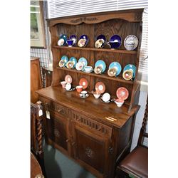 Antique oak Welsh dresser with two drawers and two raised floral carved panel doors