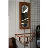 Image 1 : Copper demi-lune shaped wall mount pot holder with hangers plus an oak wall mount etched mirror, 30"