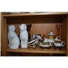 Image 2 : Shelf lot of collectibles including Staffordshire dogs, Royal Worcester egg coddlers, lustre tea set