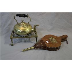 Pair of matching 7 1/2  Cloisonn‚ vases, a brass footed kettle, a brass trivet and a fireplace bello