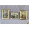 Image 1 : Three original acrylic on board paintings including a ship at sea, a cityscape with bridge and an st