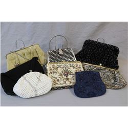 Eight vintage evening purses including beaded, clutch purses, metallic etc.