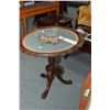 Image 1 : Small antique center pedestal tilt top occasional table with floral motif needlepoint and glass top