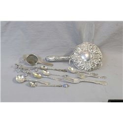 Selection of vintage and antique sterling and European silver including hand mirror marked 835, ster