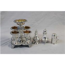 Selection of silver including sterling shakers and a four cup silver-plate egg holder