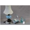 Image 1 : Three pieces of Fenton glass including Celeste blue diamond lace basket, blue glass swan, and a coin