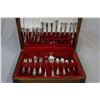 Image 1 : Walnut canteen with Birks sterling flatware including eight each of luncheon knives, luncheon forks,