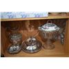 Image 1 : Shelf lot of collectibles including Coalport India tree, silver-plate servers, Victorian glass hand