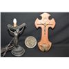 Image 1 : Vintage wood and metal holy water font circa 1930, an Art deco figural nude bedside lamp and a 4" br