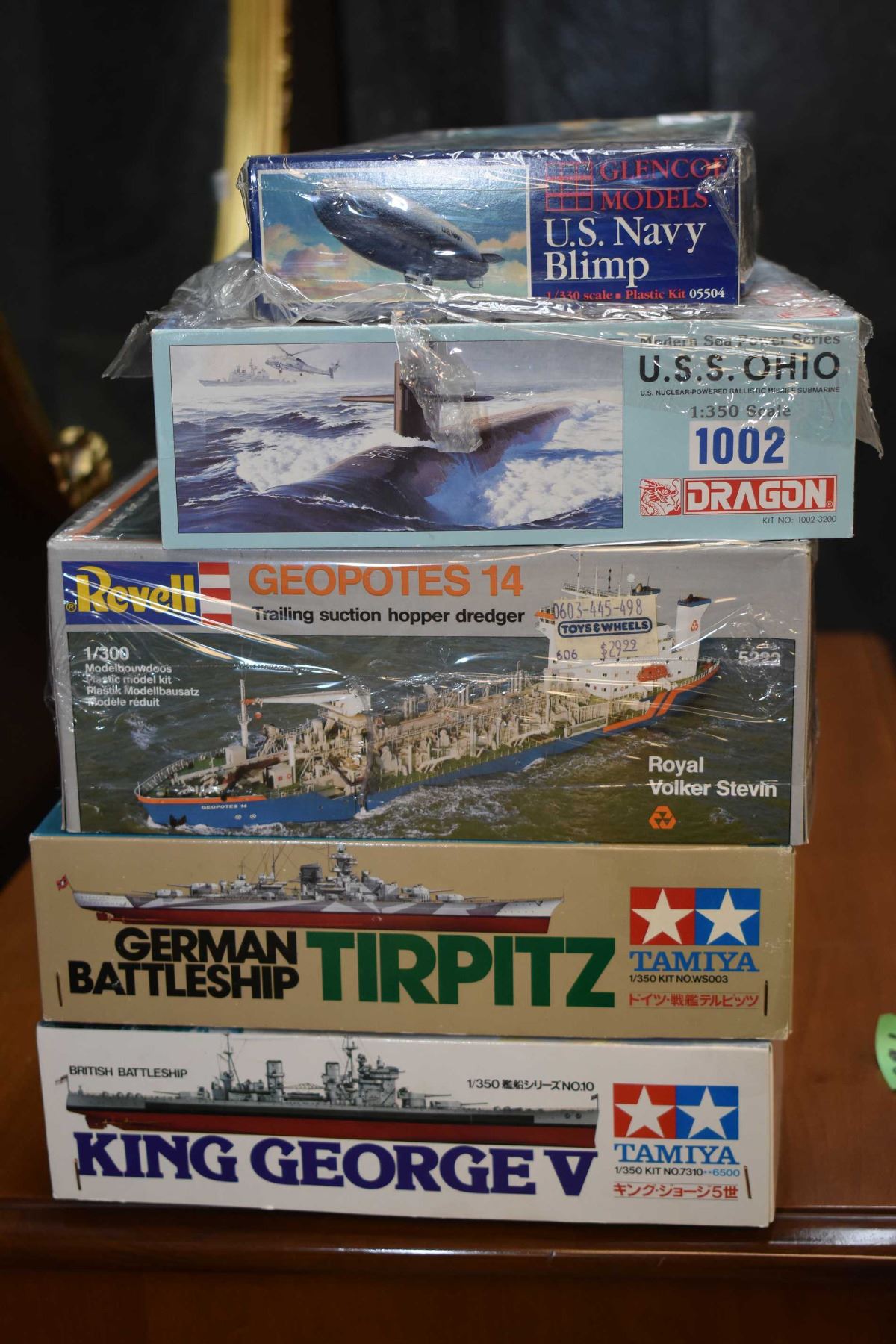 Five new in box plastic model kits including battleships, submarine and ...