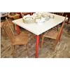 Image 1 : Modern arborite table with red painted legs and four mismatched vintage chairs