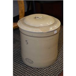 Five gallon Medalta crock with lid, note lid is distressed