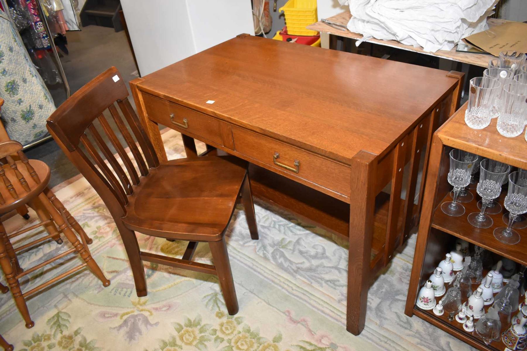 Mission style library desk and student's chair Quarter cut oak two door ...