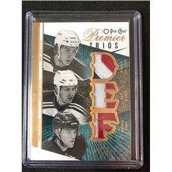 2009-10 O-PEE-CHEE PREMIER TRIOS DELZOTTO/ GILROY/ SAUER GAME USED JERSEY HOCKEY CARD