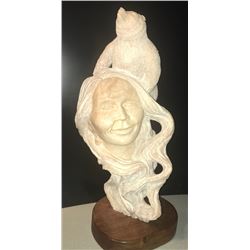 Kathy Whitman-Elk Woman Carved alabaster sculpture, conjoined busts of a Native American woman and B