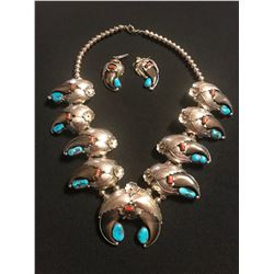 Bear Claw Turquoise & Corral Sterling Silver Squash Blossom Necklace and Matching Ear Rings
