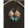 Image 2 : Bear Claw Turquoise & Corral Sterling Silver Squash Blossom Necklace and Matching Ear Rings