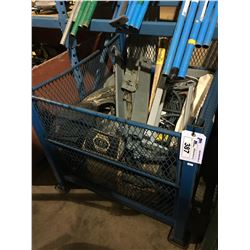 METAL PALLET BIN OF ASSORTED ELECTRICAL CABLE, PAPER DISPENSER & TOOLS