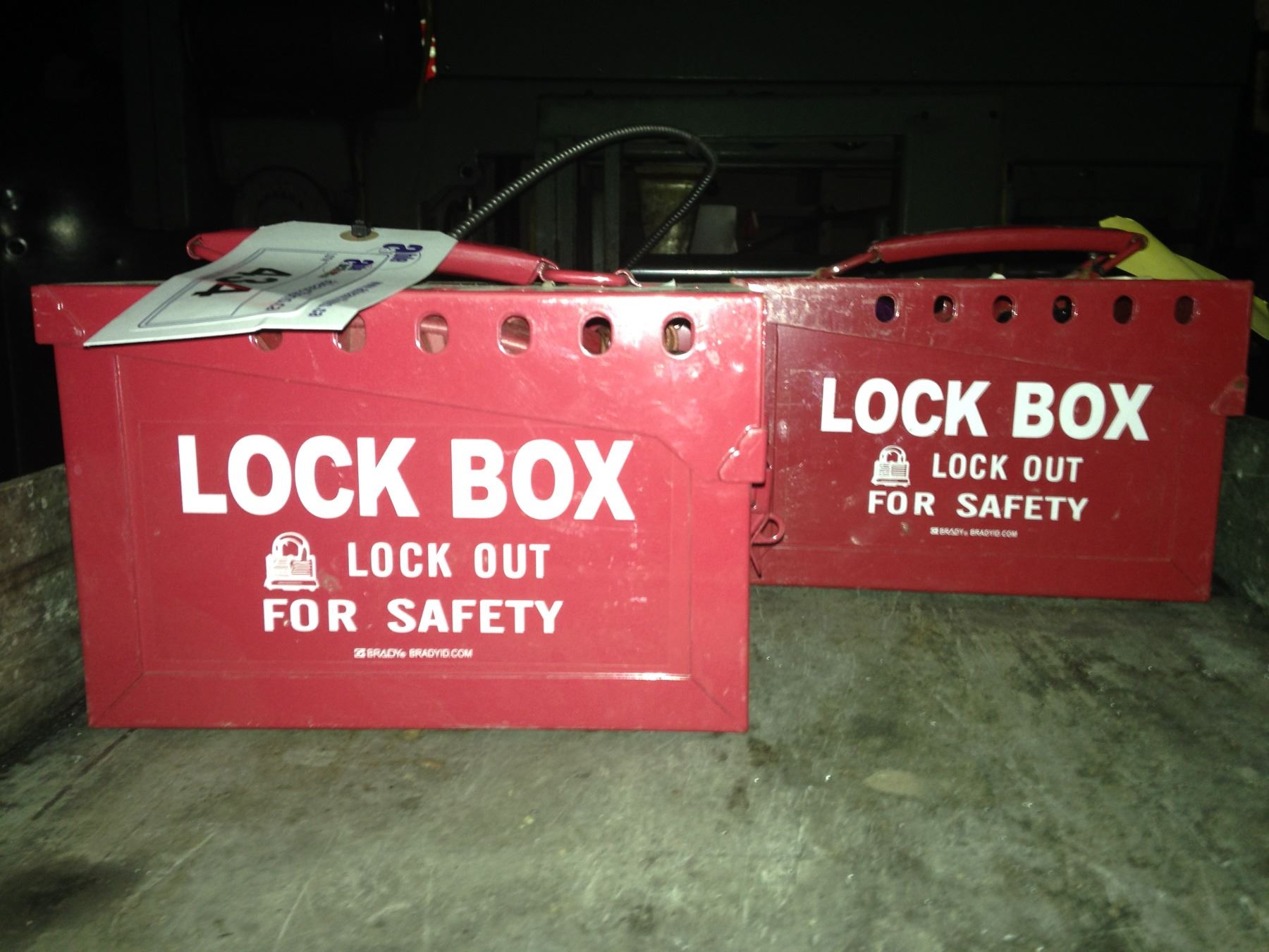 2 RED BRADY JOB SITE LOCK BOXES WITH SINGLE KEYED LOCKS