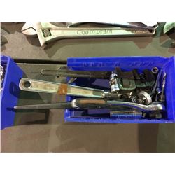 BLUE BIN OF ASSORTED SOCKETS & HAND TOOLS