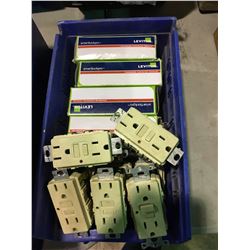 BIN OF ASSORTED LEVITON GFI PLUGS