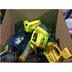 BOX OF ASSORTED WORK LIGHTS & FLASHLIGHTS