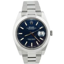 Rolex Mens Datejust Stainless Steel 41mm Blue Luminous Stick Dial Watch