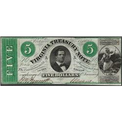 1862 $5 Virginia Treasury Obsolete Note