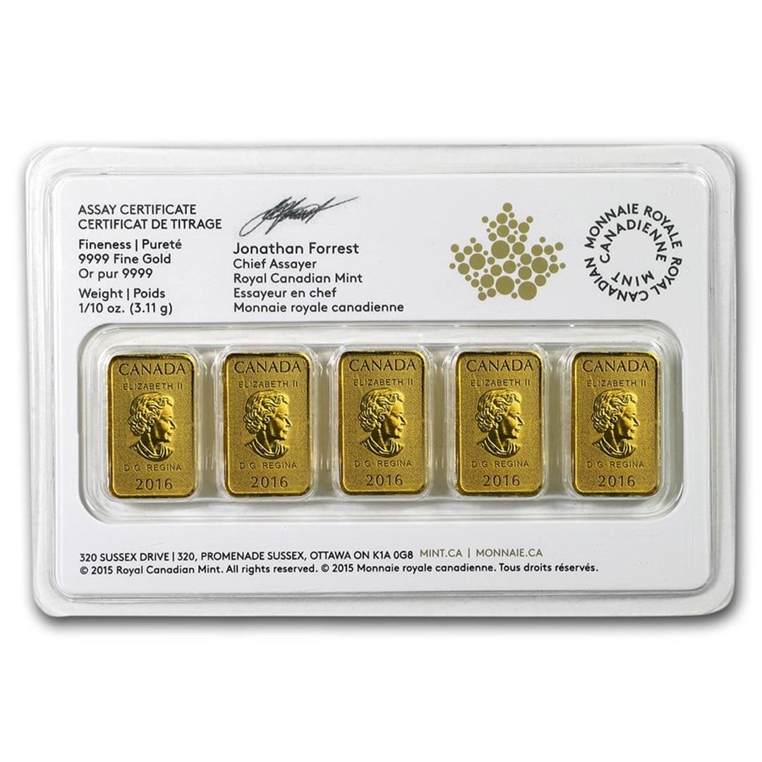 Lot Of 5 2016 Canada 1 10 Oz Royal Canadian Mint 25 Gold Bars lot-of-5-2016-canada-1-10-oz-royal-canadian-mint-25-gold-bars