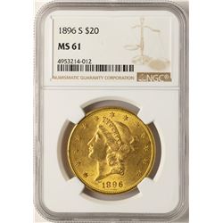 1896-S $20 Liberty Head Double Eagle Gold Coin NGC MS61