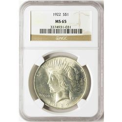 1922 $1 Peace Silver Dollar Coin NGC MS65