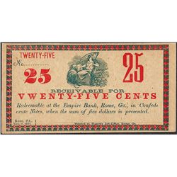 1862 Twenty-Five Cents Empire Bank Rome, GA Obsolete Note