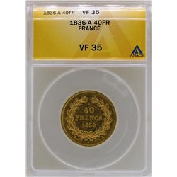 1836-A France 40 Francs Gold Coin ANACS VF35