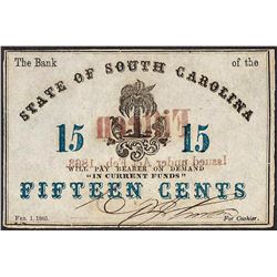1863 State of South Carolina Fifteen Cents Obsolete Note